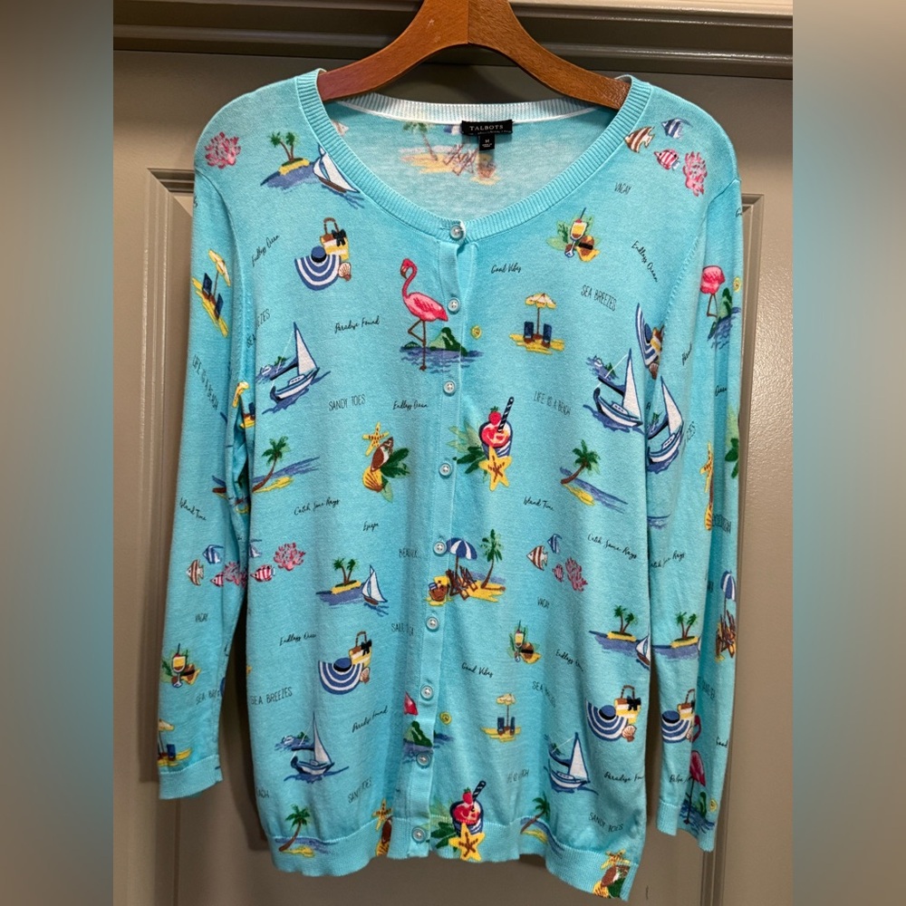 Talbots Lightweight Blue Beach Pattern Cardigan S… - image 3